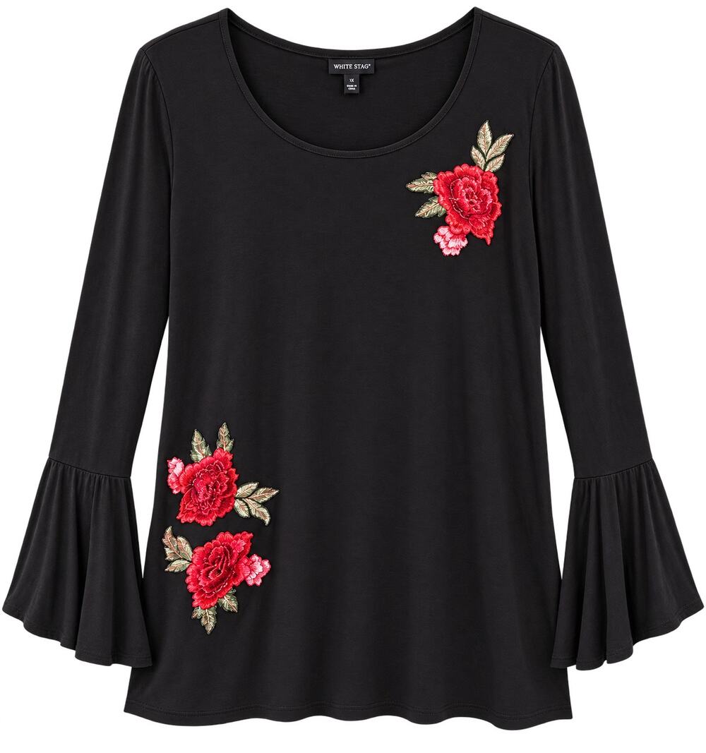 Unique Spectrum 2X Black Rose Embroidered Top Bell Sleeve Boho Plus Size Shirt